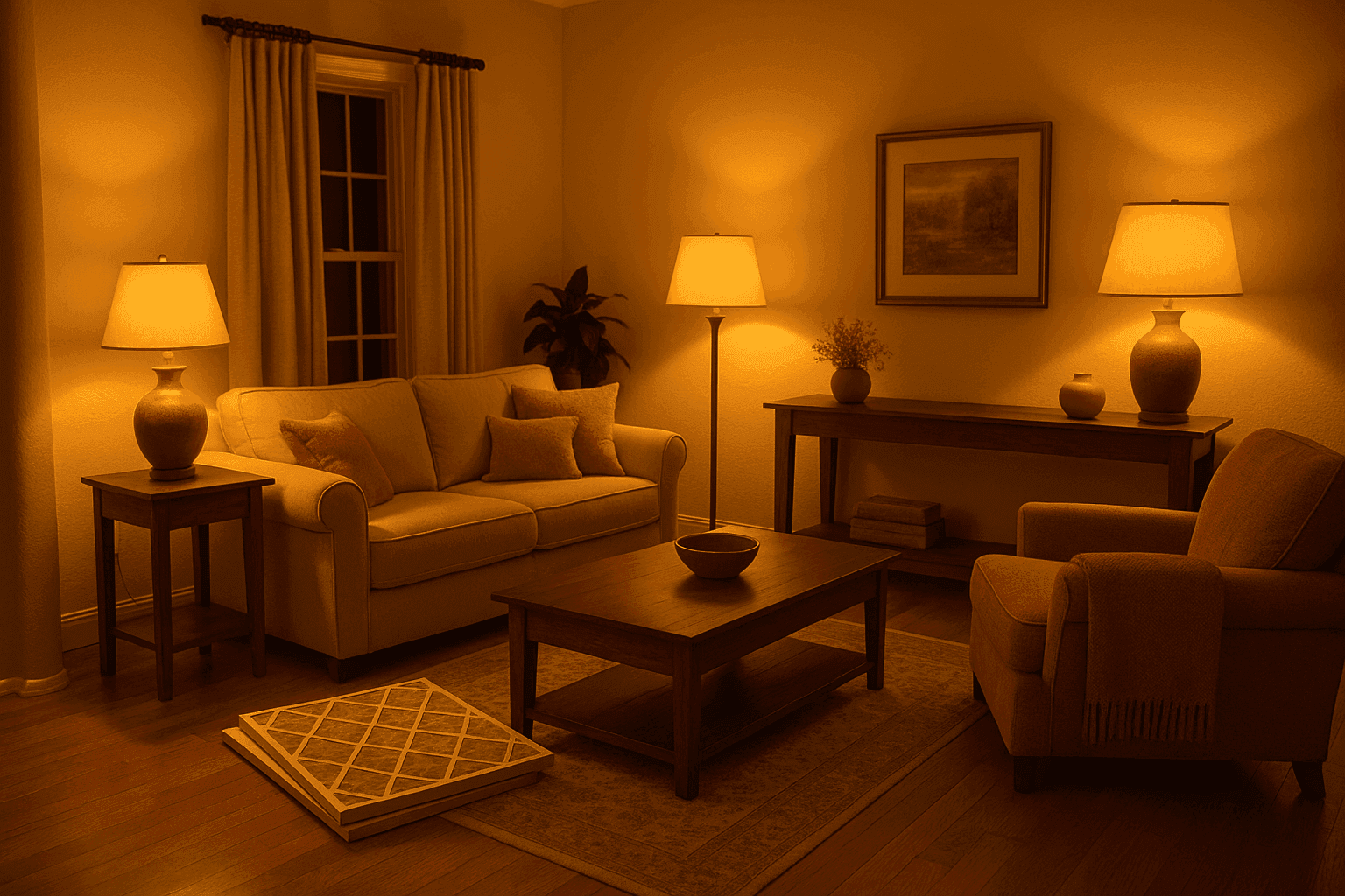 Cozy living room with warm LED lighting creating inviting autumn ambiance with soft golden glow from lamps and fixtures