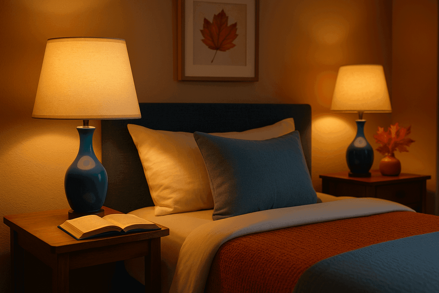 Cozy bedroom with warm bedside reading lamps creating inviting atmosphere perfect for autumn evenings and comfortable nighttime reading