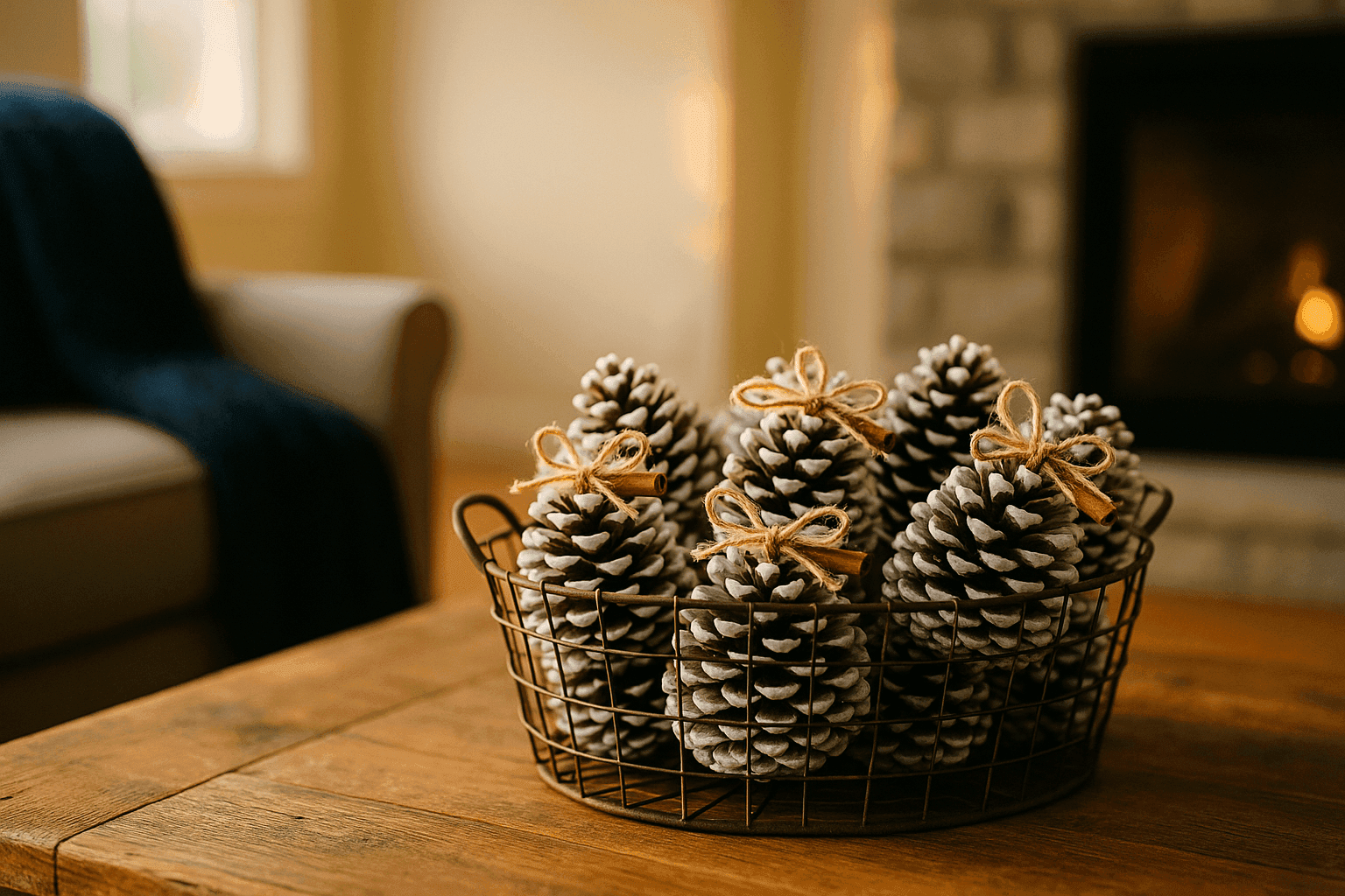 Wax-dipped pinecone fire starters arranged in a rustic wire basket with natural twine bows on wooden table beside fireplace