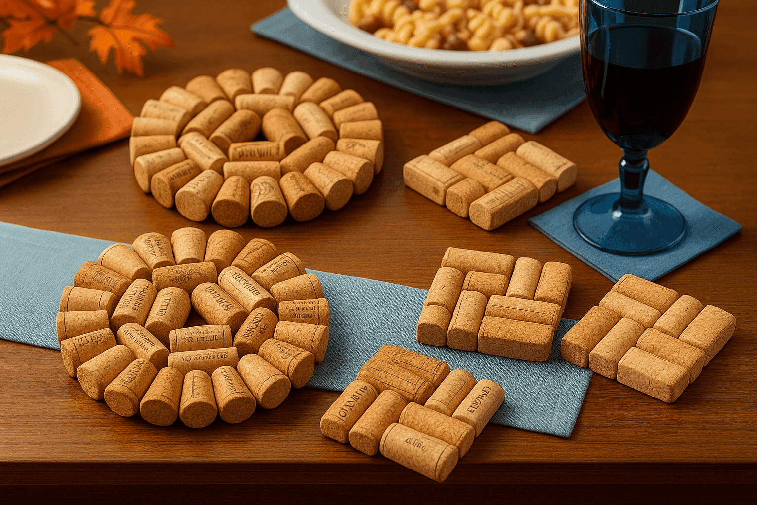 Beautiful wine cork trivets and coasters arranged in various patterns showing creative uses of collected wine corks with polyurethane finish for durability