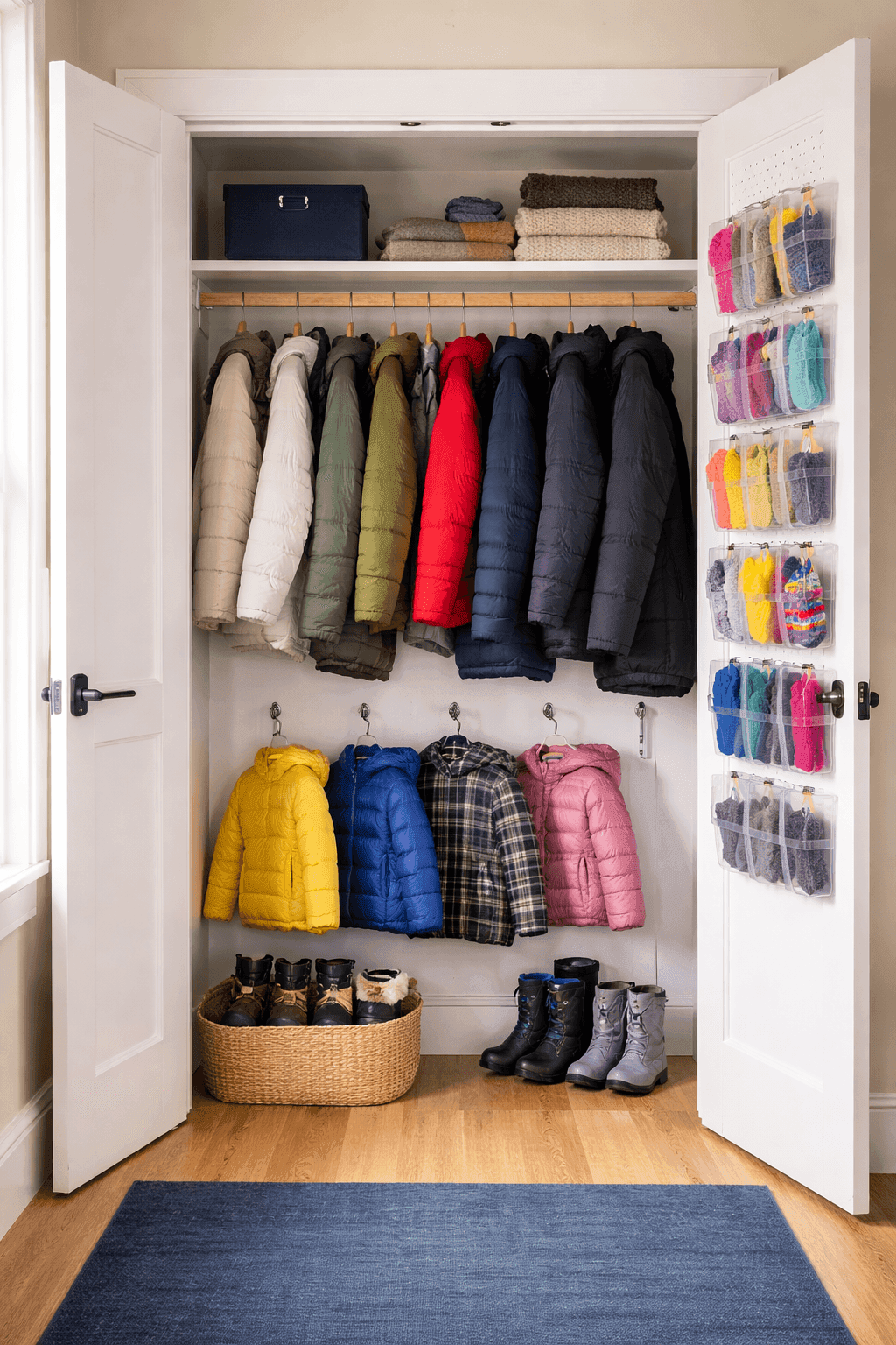 Organized coat closet with winter coats hung neatly, shoe organizer holding gloves and hats, and boots arranged in basket on floor