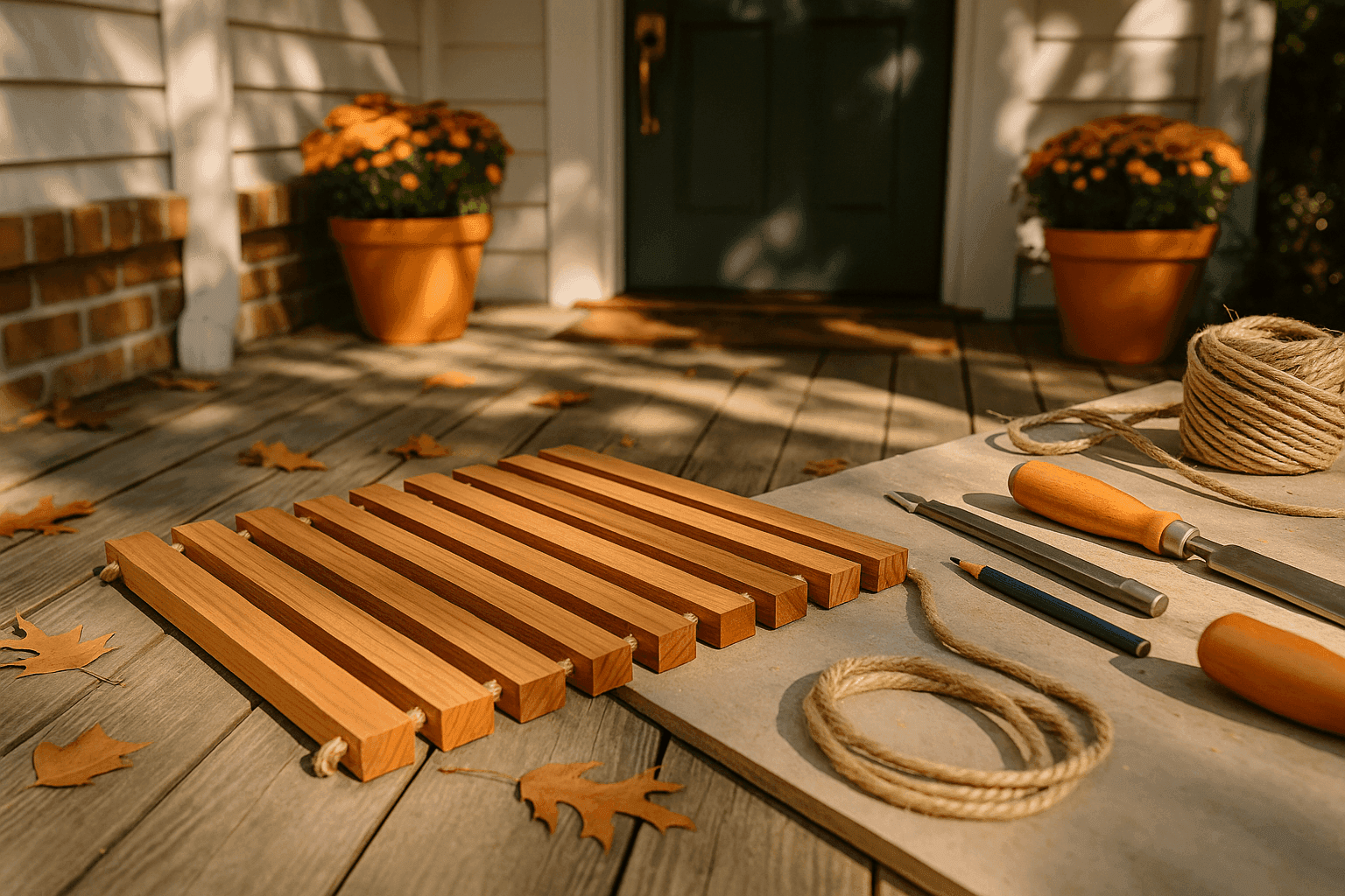 Handcrafted cedar slat doormat with rope connections sitting on front porch with autumn leaves and welcoming home entrance