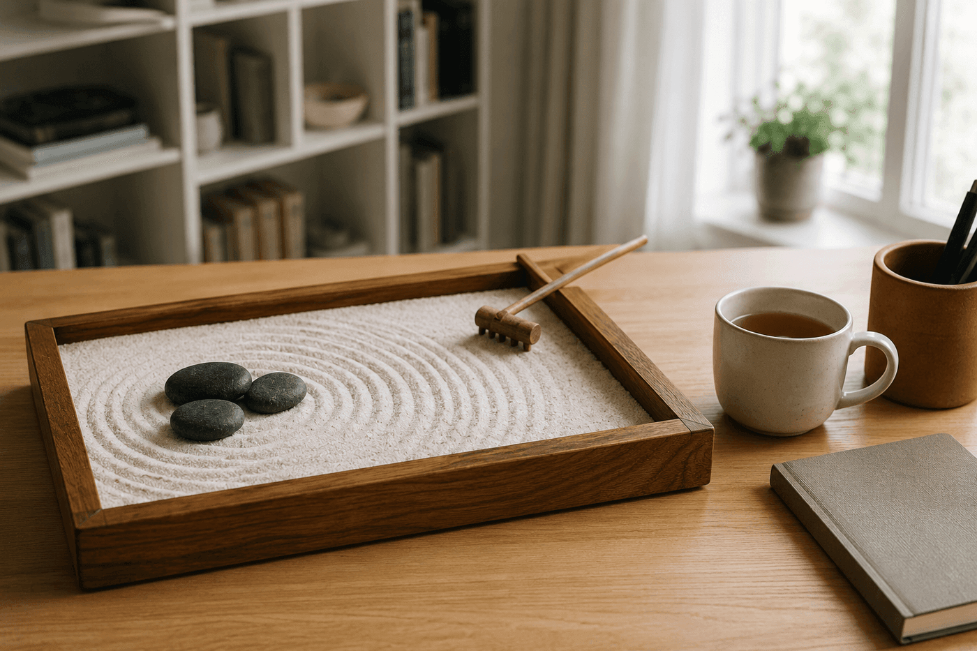 Handmade wooden zen sand garden with raked spiral patterns and smooth river stones arranged asymmetrically on a clean home office desk