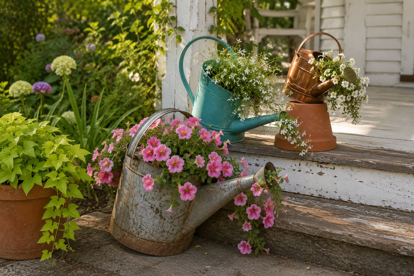Three watering can planters in varying sizes on a cottage garden porch step — one vintage green metal can with trailing pink petunias spilling from the spout, one rust-patinated can with white lobelia, and one freshly painted teal can with mixed trailing herbs cascading over the sides