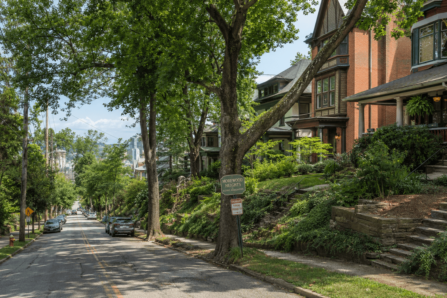 A wooded hillside street in Pittsburgh's Morewood Heights neighborhood, with steeply sloped lots and mature trees typical of the city's East End.