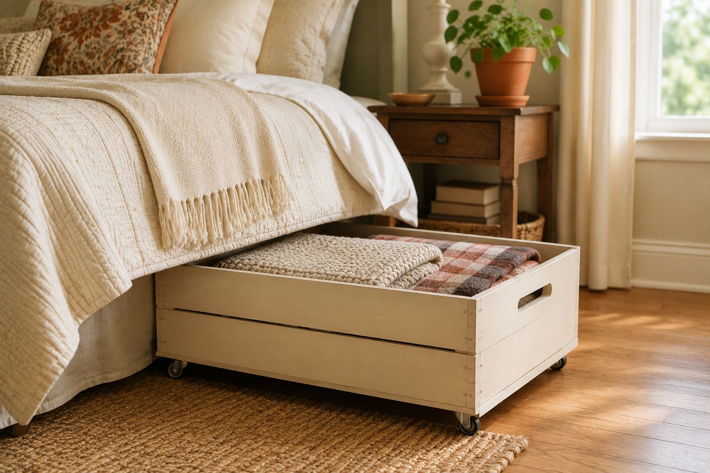 Wooden crate painted in soft cream chalk paint fitted with low-profile swivel casters, rolling out from under a bed