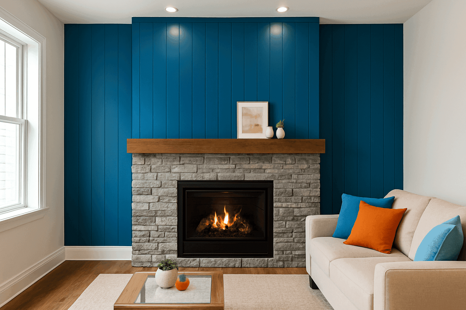 Living room with beautifully designed stone fireplace accent wall