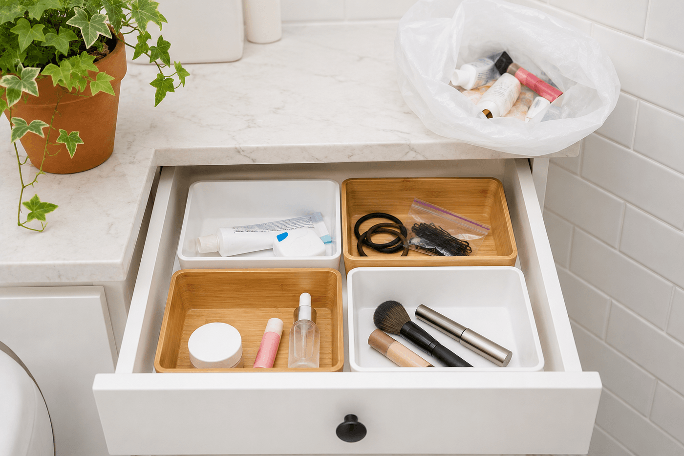 Organized bathroom drawer with small bins and dividers separating dental items, hair accessories, skincare products, and daily essentials in clear categories, wiped clean with nothing overcrowding any section