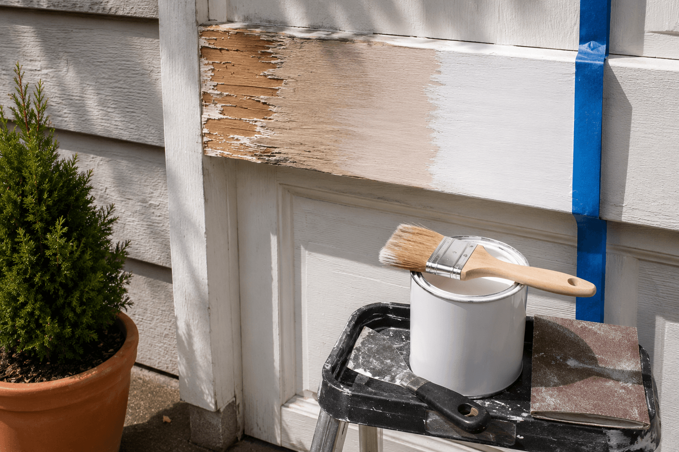 Close-up of exterior house trim being repaired — scraped bare wood section with feathered paint edges beside the primed white area ready for topcoat, with a paint scraper, sandpaper, and primer brush on a ladder tray nearby