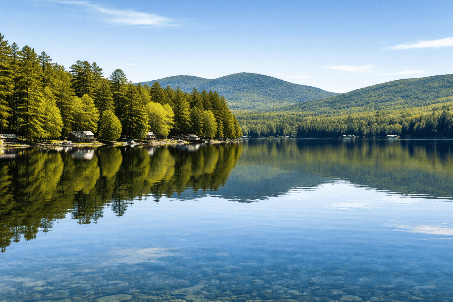Merrymeeting Lake in New Durham, New Hampshire, with calm crystal-clear water reflecting the surrounding forest and distant hills.