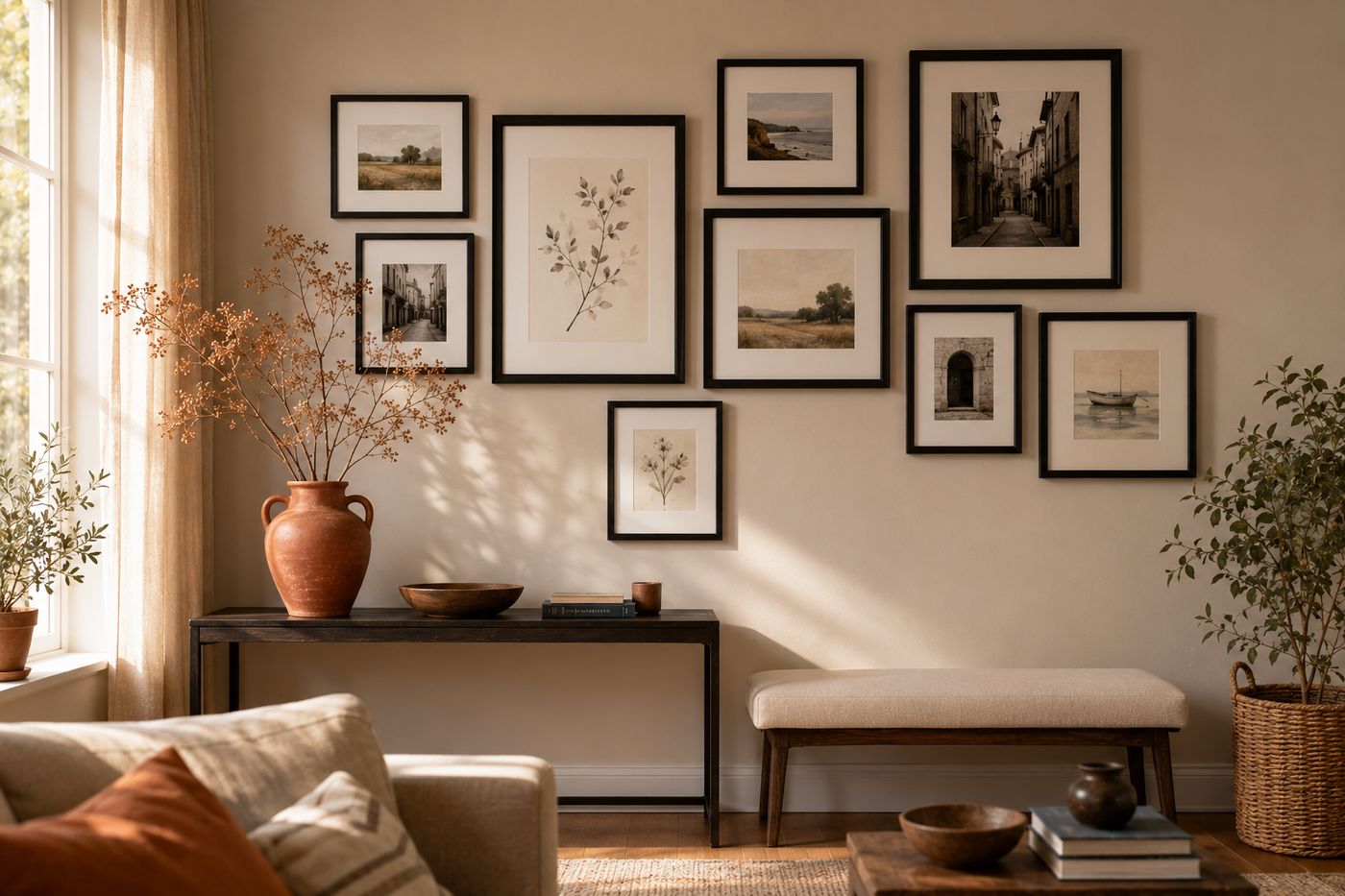 A gallery wall of thrifted frames all painted matte black, filled with a mix of art prints and photographs, hung above a console table