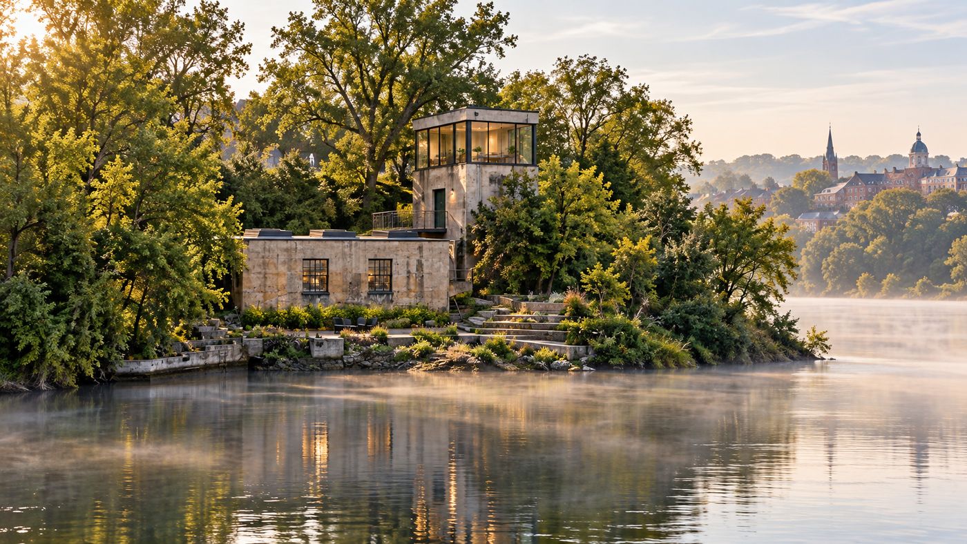 A converted mid-century industrial pumphouse with panoramic windows overlooking the Rappahannock River in Fredericksburg, Virginia
