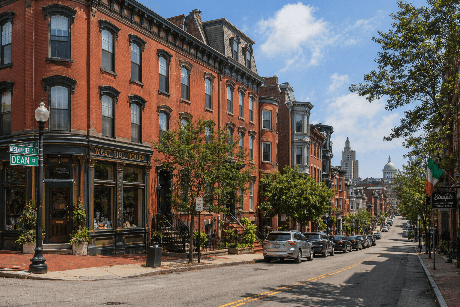 The West Side neighborhood of Providence, Rhode Island, near Federal Hill, with historic Victorian-era brick buildings lining the street.