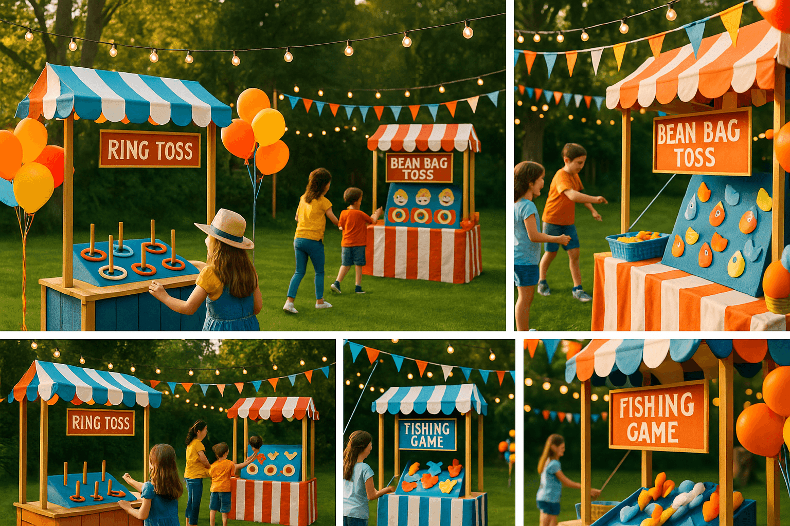Festive backyard carnival with colorful game booths, ring toss, bean bag games, and vintage-style decorations creating a county fair atmosphere