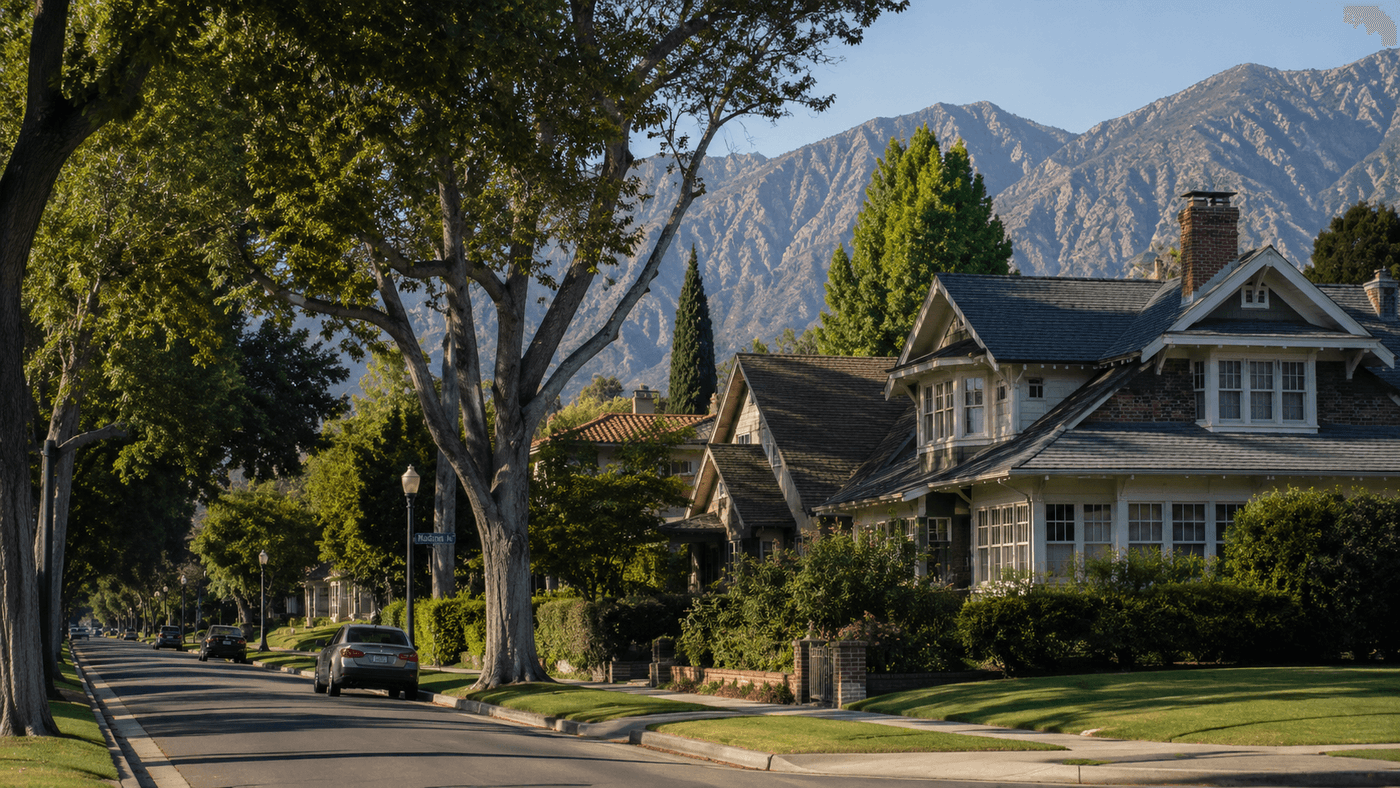 A residential street in Pasadena, California's Oak Knoll neighborhood, with mature trees and period homes near the San Gabriel Mountains.