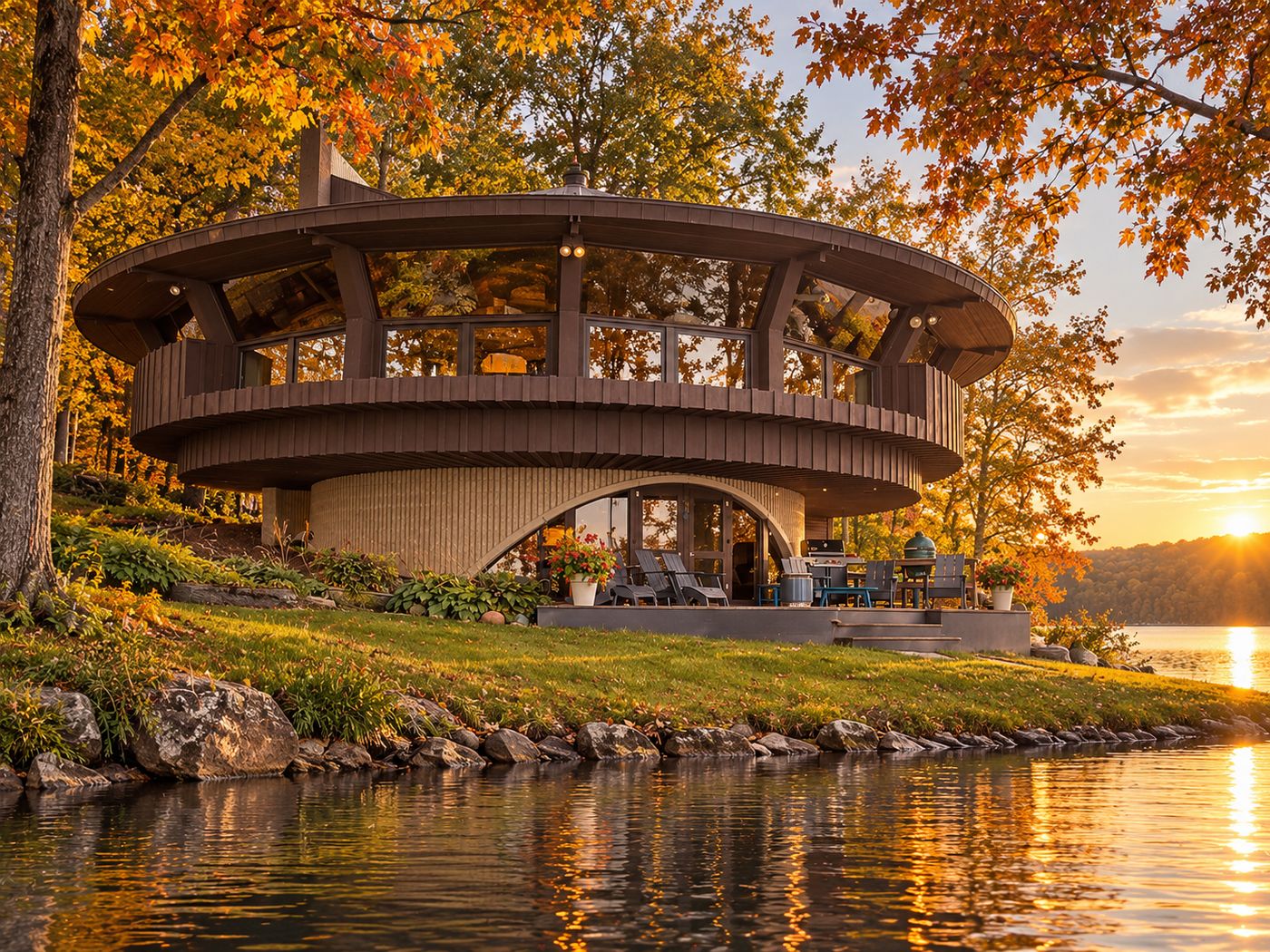 A circular mid-century lake house with wraparound windows on the shore of Lake Ripley in Cambridge, Wisconsin
