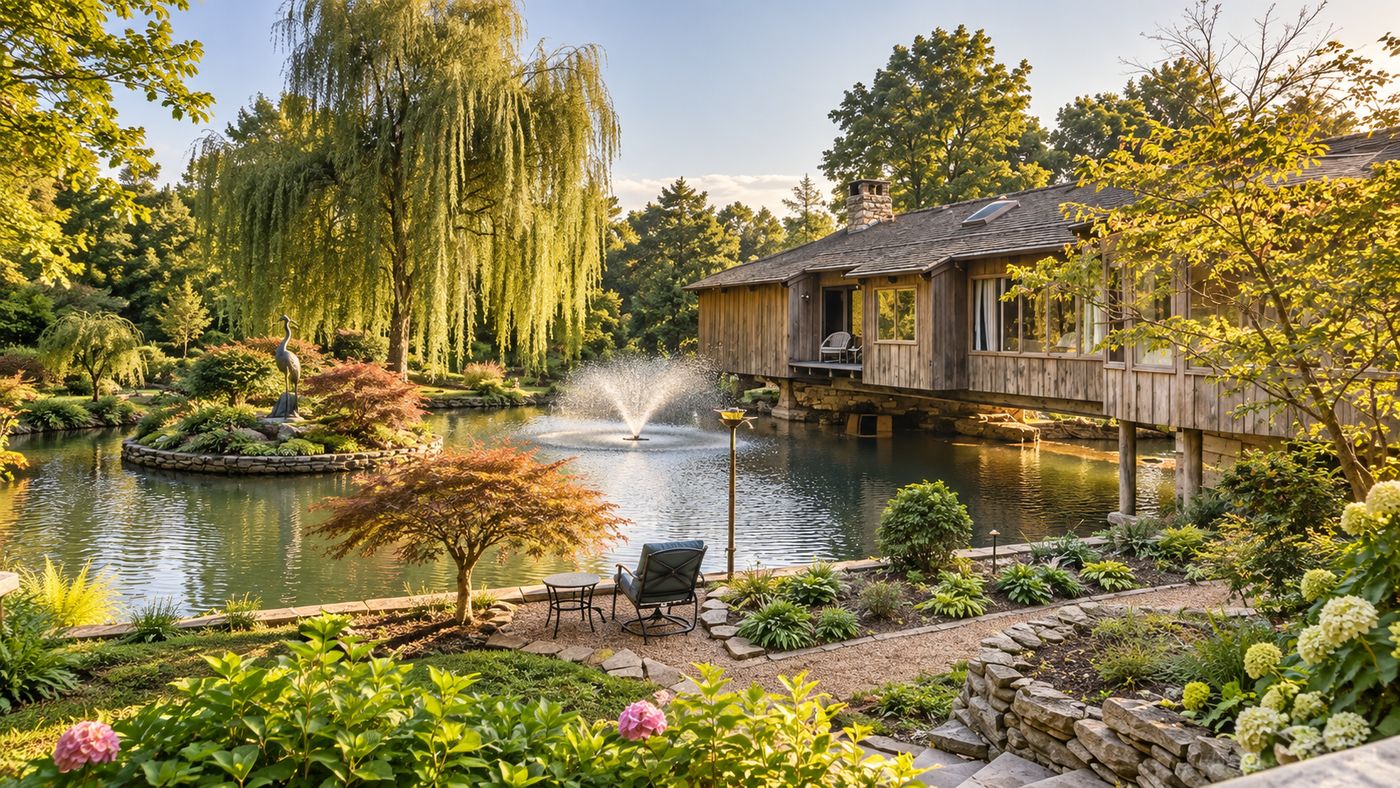 1962 mid-century modern home built over a pond with a large statue on a private island in Springfield, Missouri