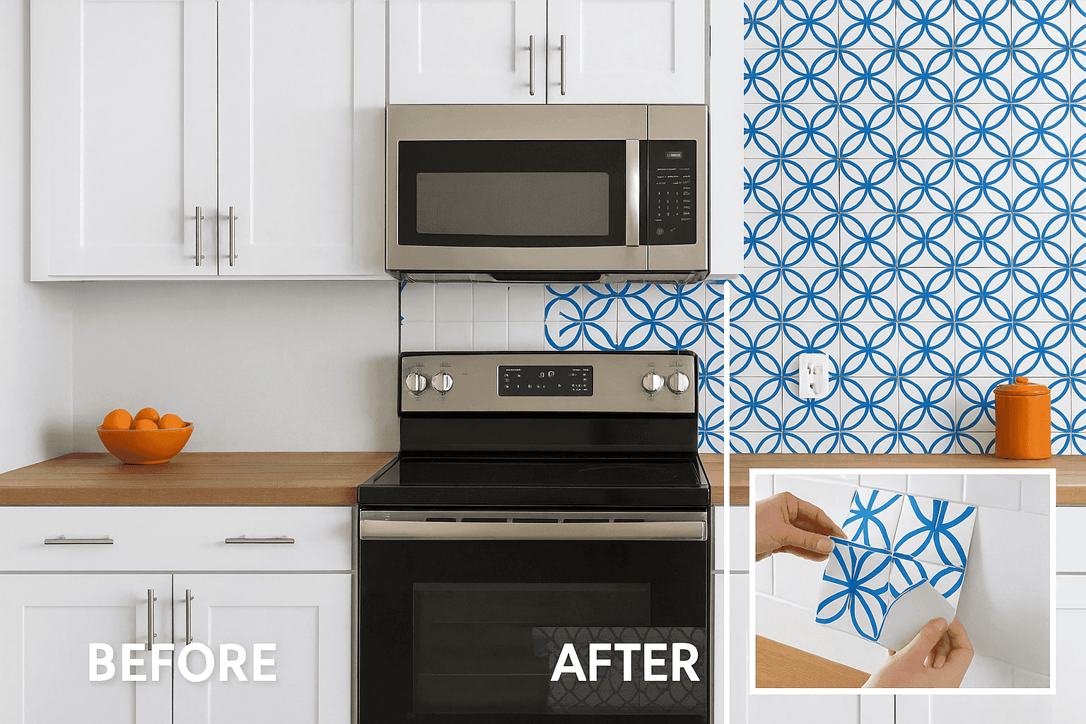 Kitchen with stylish peel-and-stick tile backsplash in geometric pattern