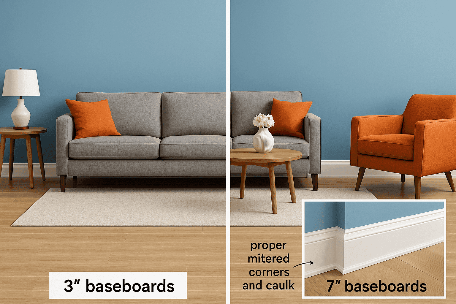 Living room with tall modern baseboards contrasting with wall color