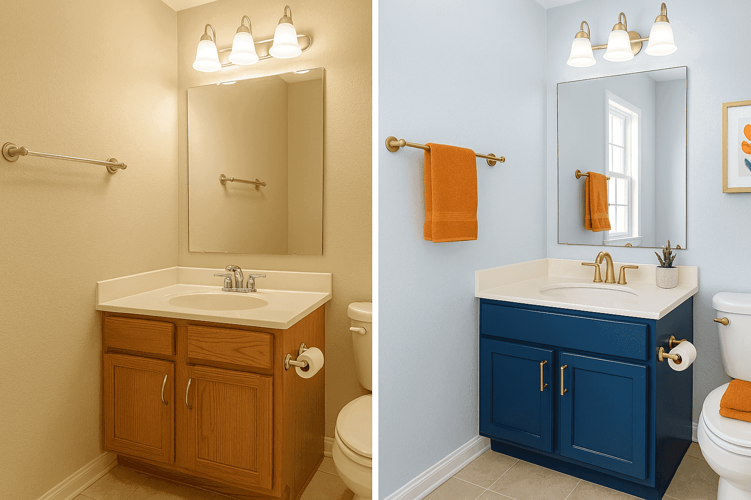 Before and after of a bathroom makeover using paint for walls, vanity, and fixtures