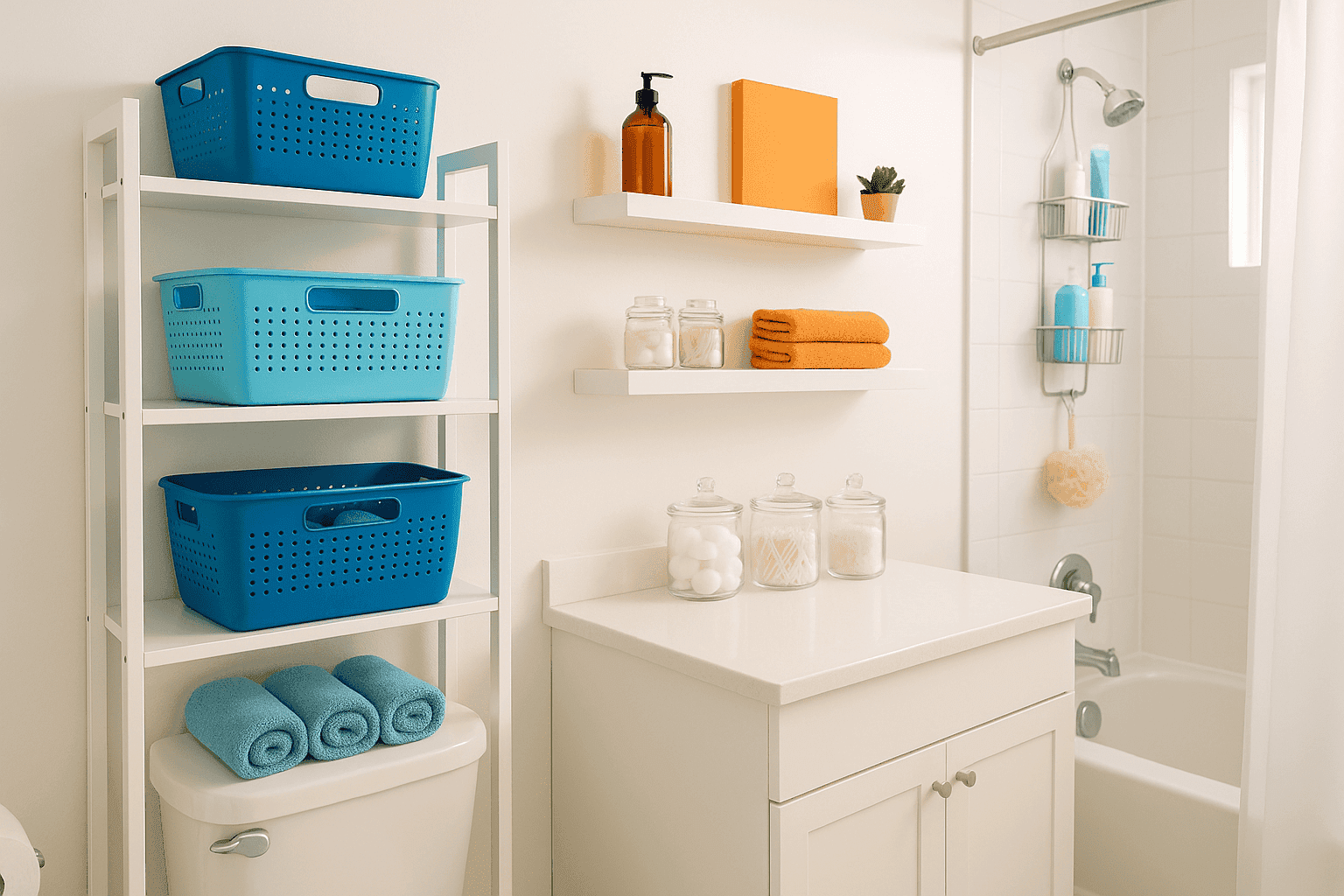 Organized bathroom with vertical storage solutions