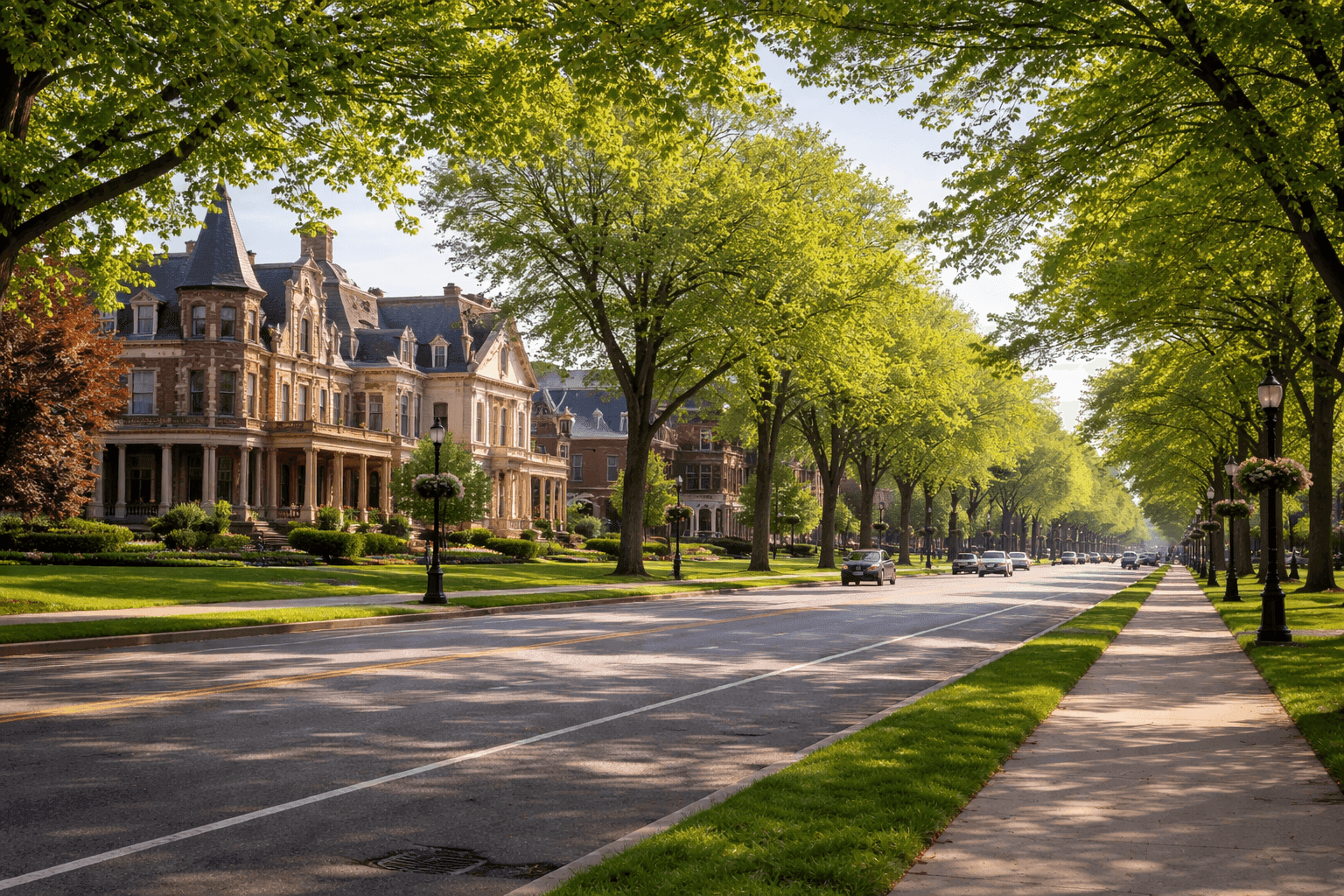 The tree-lined expanse of Delaware Avenue in Buffalo, New York, known as Millionaires' Row, with historic late nineteenth century mansions set back from the street.