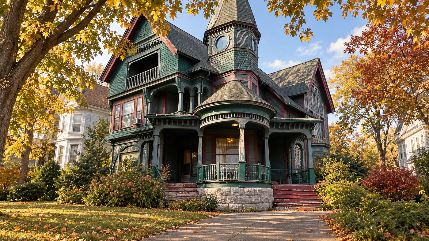 Historic Victorian mansion with turret and ornate woodwork in Syracuse, New York