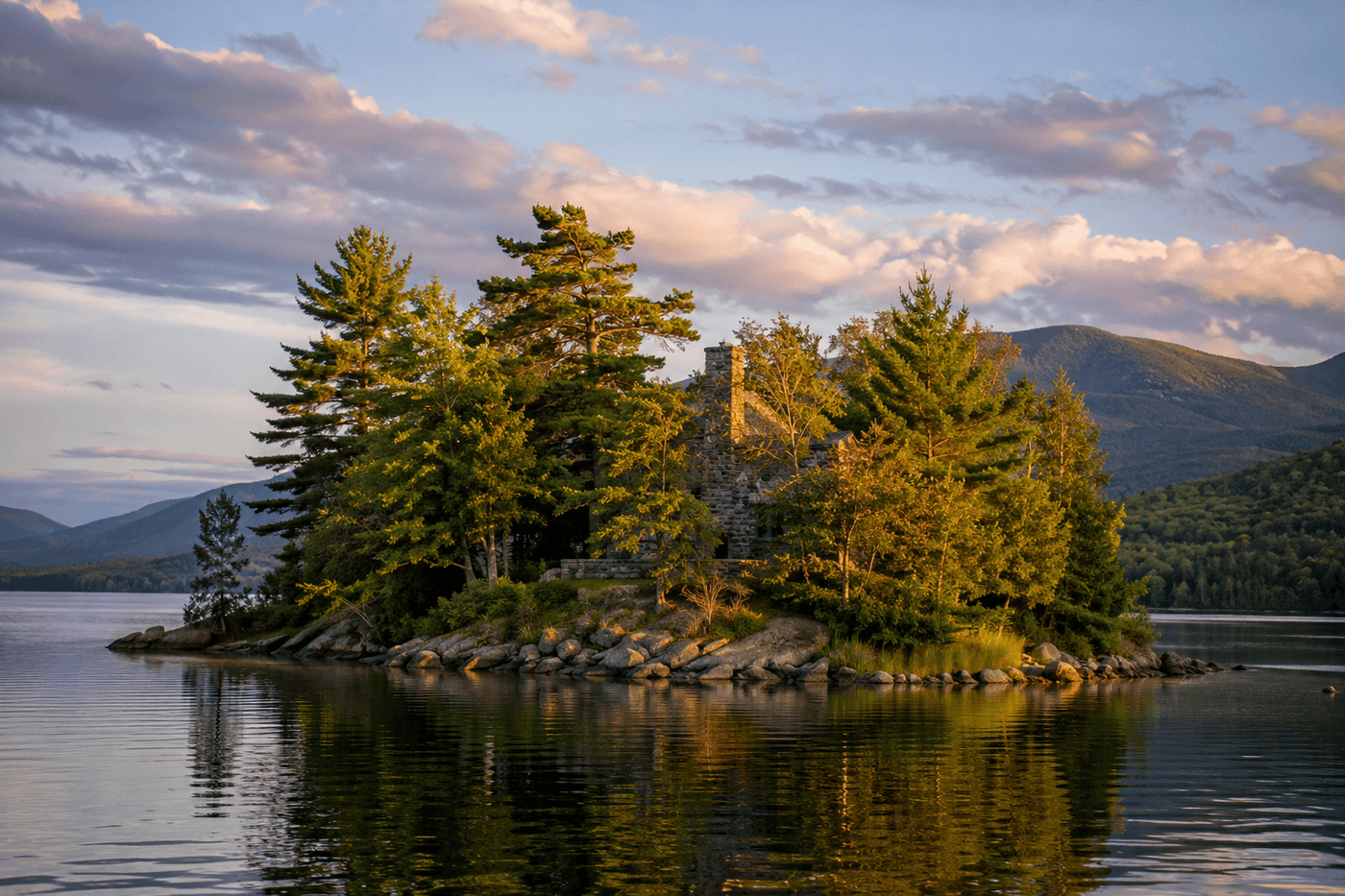 A private island on Lake Anasagunticook in western Maine with sweeping mountain views