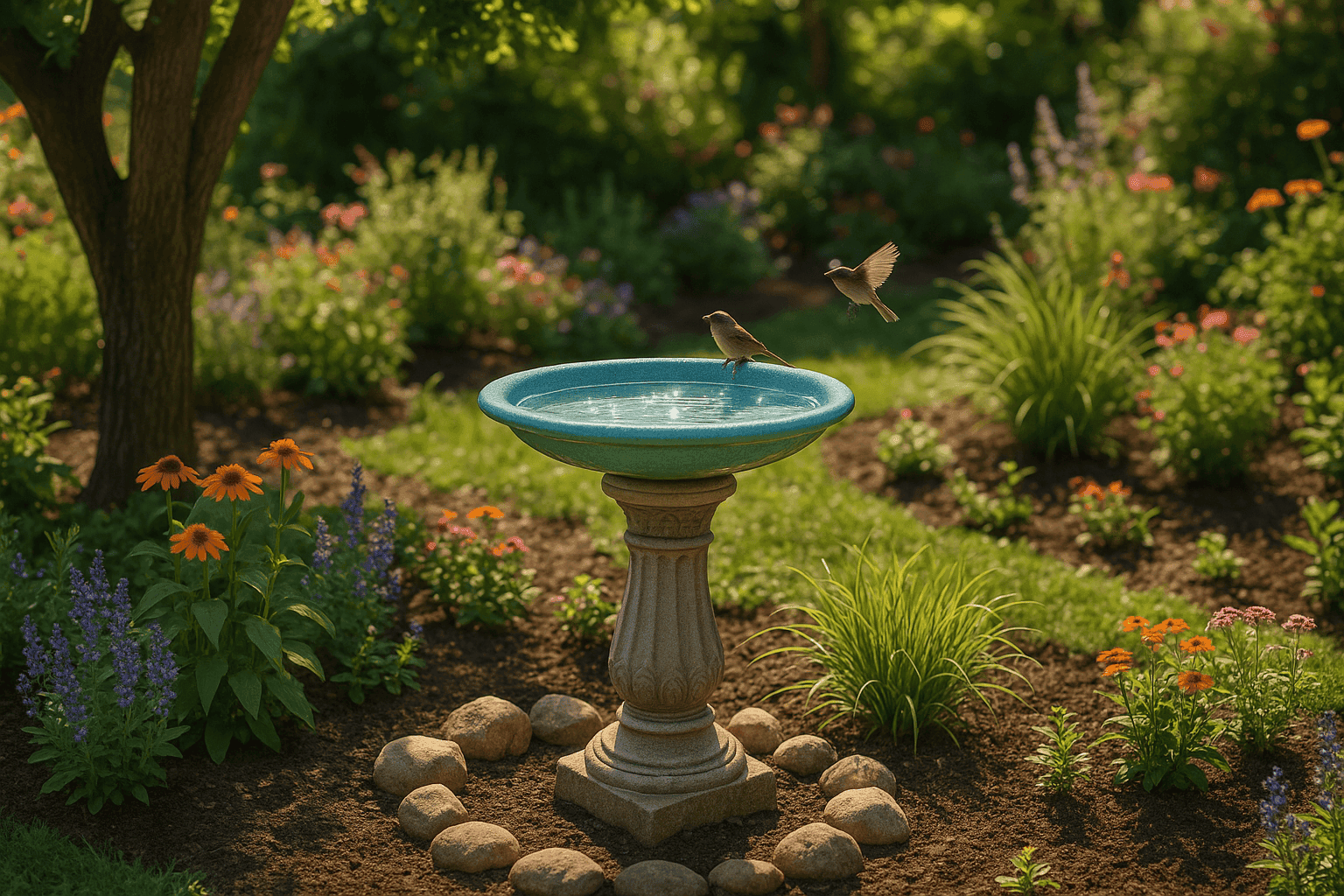 Beautiful birdbath with birds in garden setting