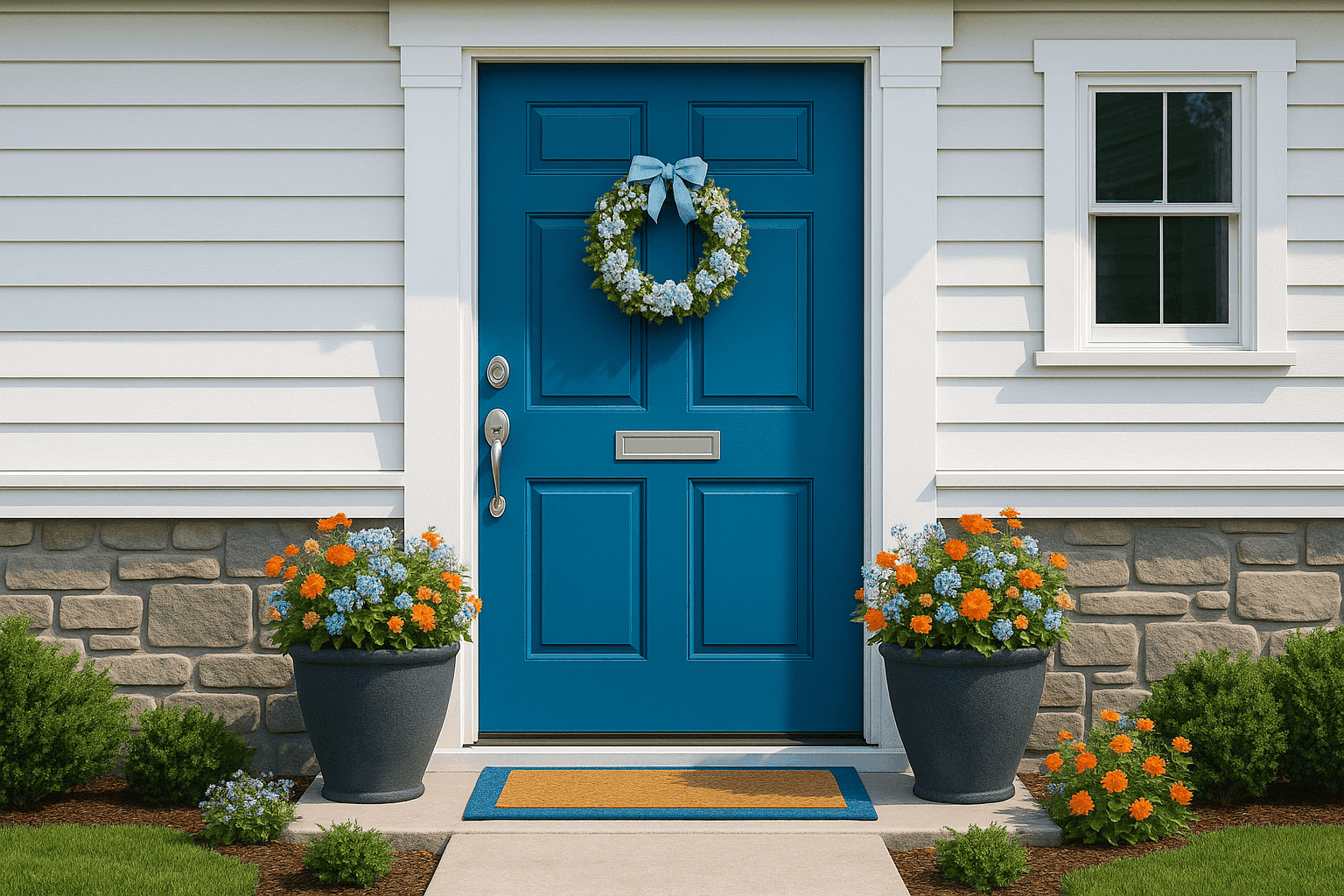 Home with vibrant blue front door and coordinating planters