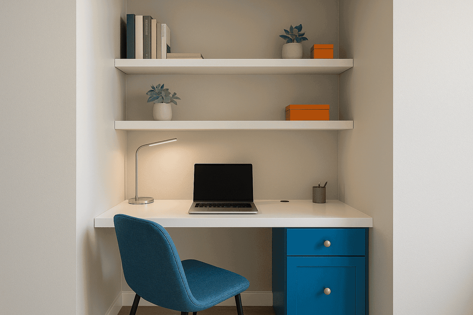 Custom built-in desk with floating shelves in a small nook area