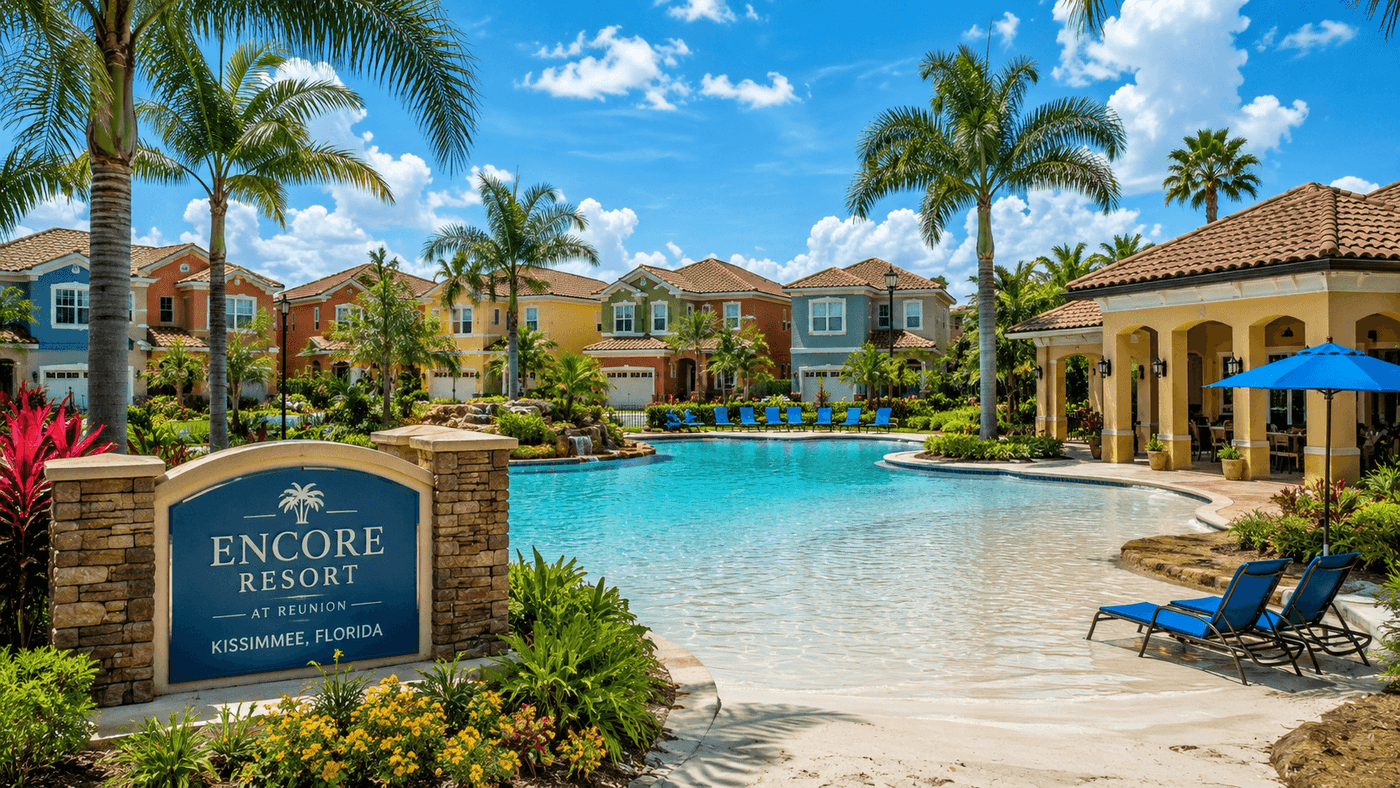 A resort-style vacation home community near Kissimmee, Florida, with palm trees, a zero-entry pool, and colorful stucco homes typical of the Orlando short-term rental market.