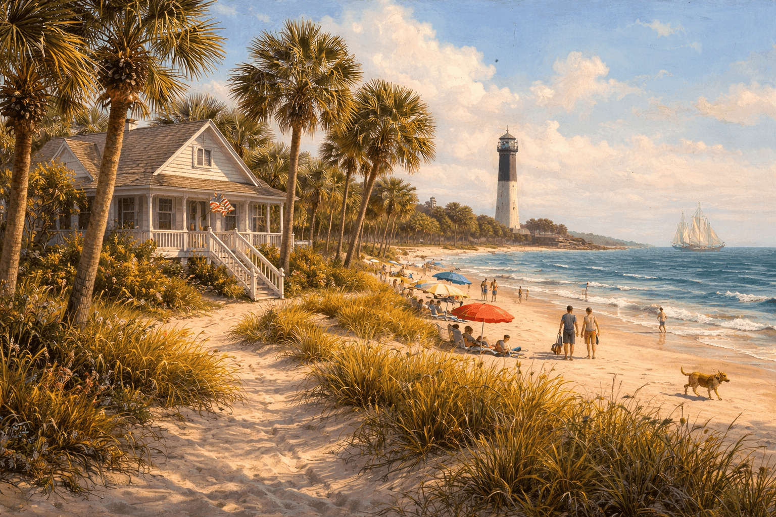Sullivan's Island, South Carolina, a barrier island at the mouth of Charleston Harbor with sandy beaches, palmetto trees, and historic coastal character.