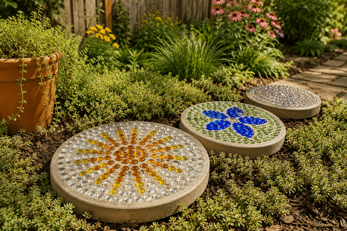 Three custom mosaic concrete stepping stones in a garden path showing spiral and flower patterns made from glass gems, colored marbles, and flat-back stones in coordinating blue and green tones, surrounded by low ground cover plants