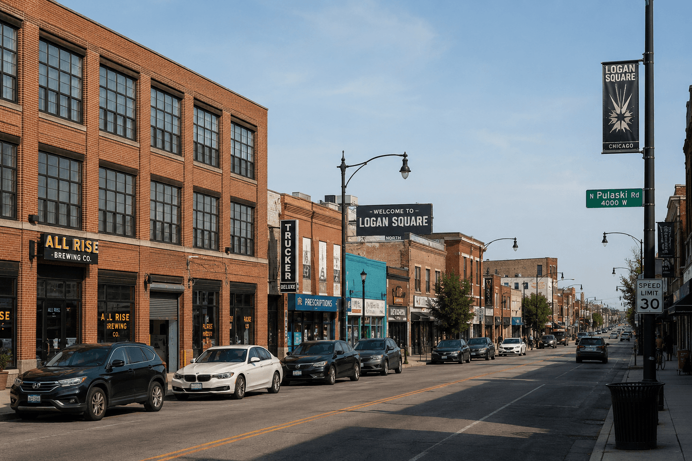 A commercial street in Logan Square West, Chicago, with brick industrial buildings and neighborhood retail along North Pulaski Road.