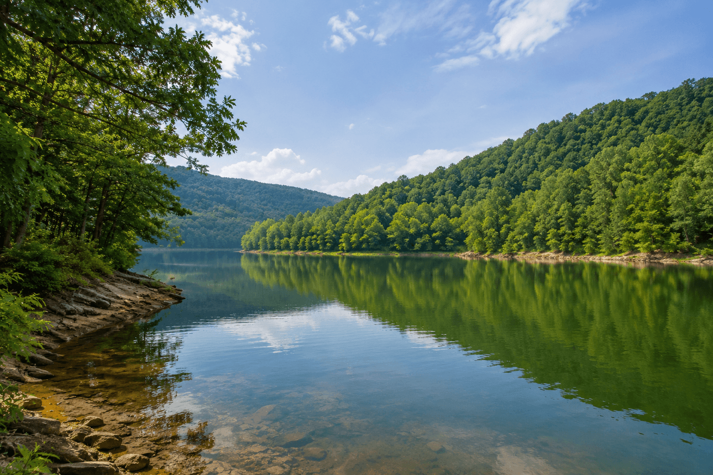 Scenic views of Greers Ferry Lake and the wooded shoreline of Eden Isle, Heber Springs, Arkansas