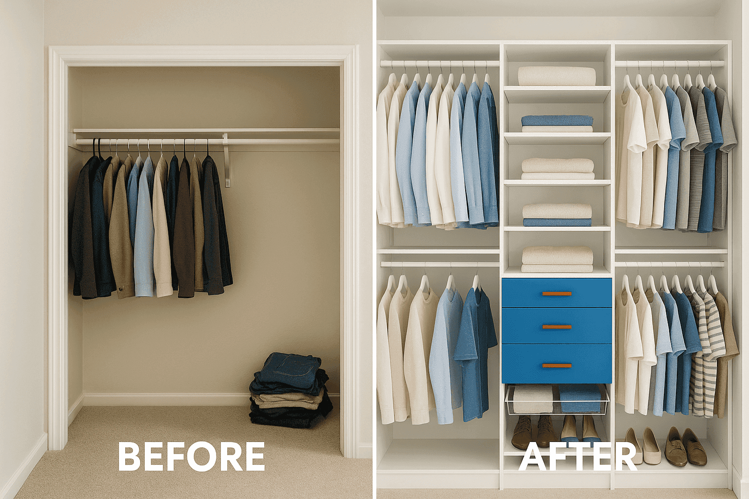 Before and after of closet with custom built shelving, drawers and hanging space