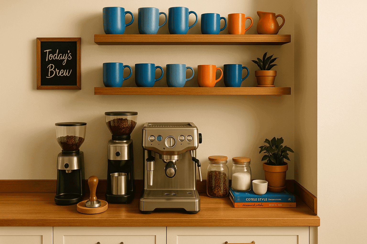 Stylish home coffee station with espresso machine, mugs, and storage