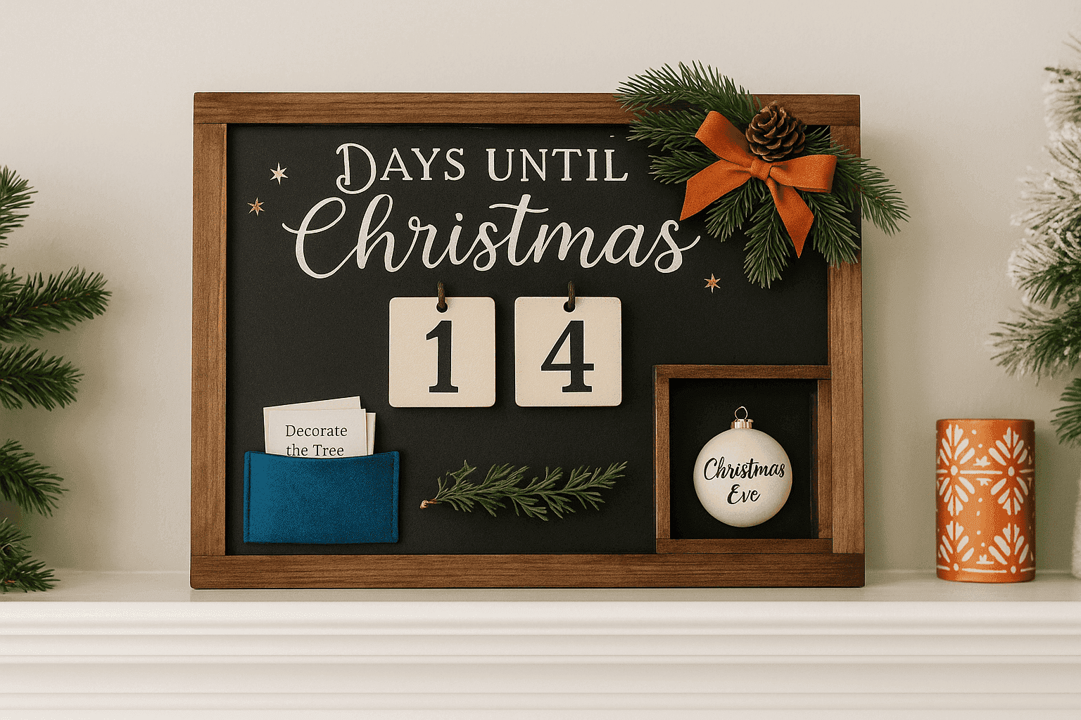 Handmade wooden countdown clock with movable numbers and holiday decorations