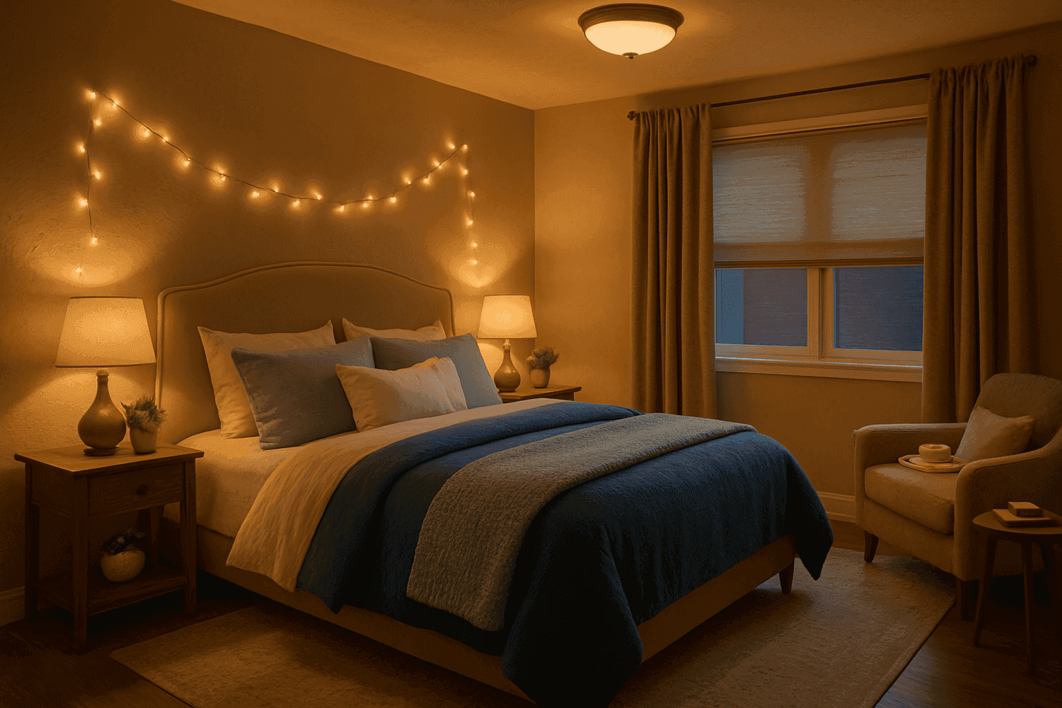 Warm, inviting bedroom with layered bedding, soft lighting, and plush textiles