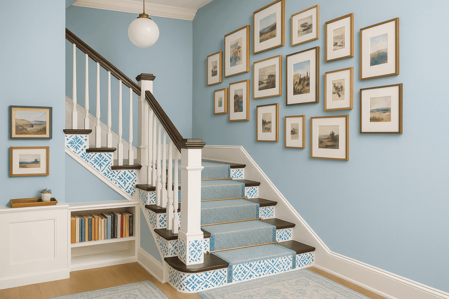 Beautiful staircase with painted risers and gallery wall along the ascent