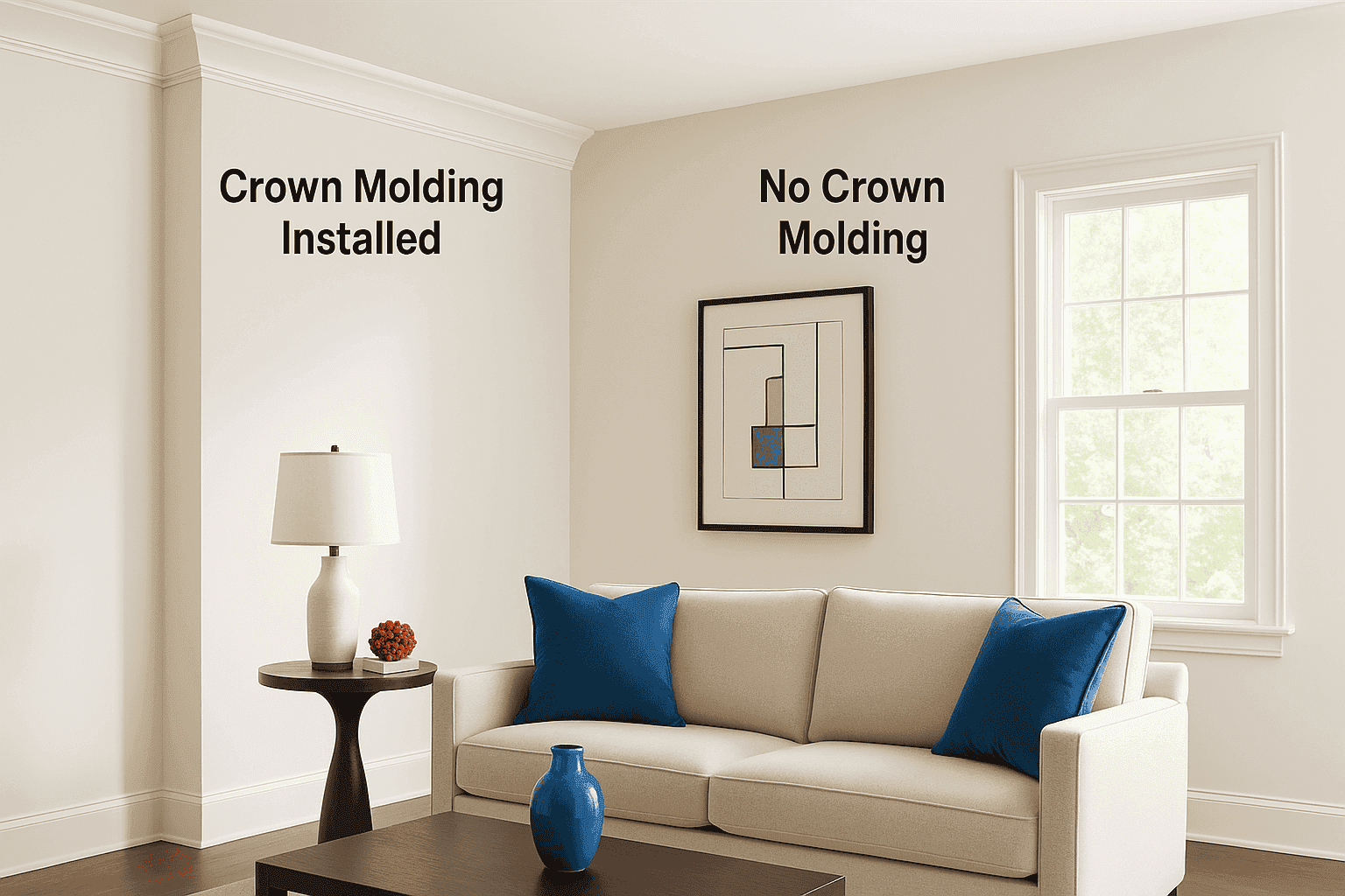 Elegant living room with freshly installed crown molding
