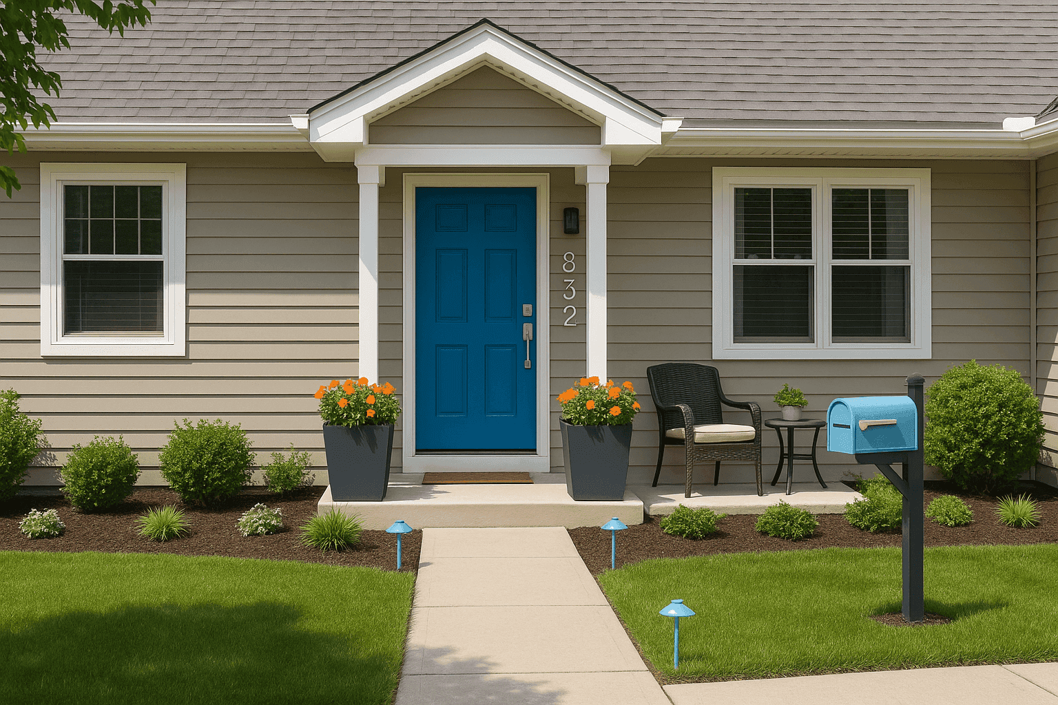 Home exterior with updated front door, landscaping, and lighting