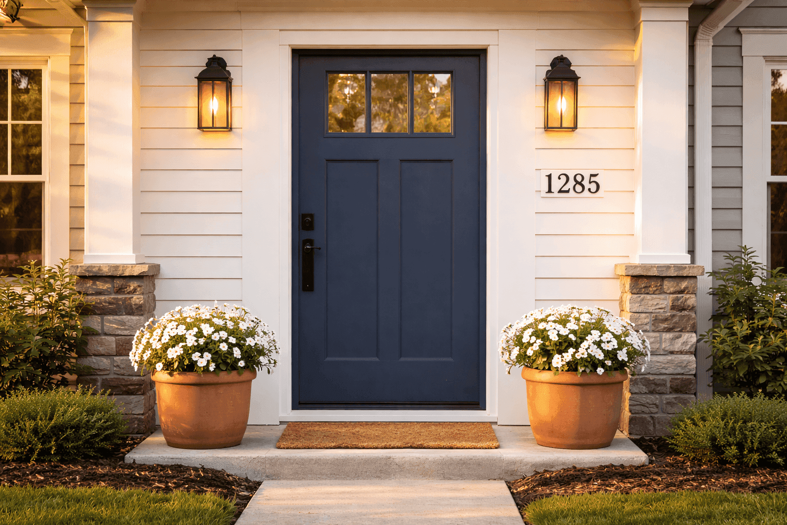 Front of a craftsman home with a freshly painted navy front door, new black house numbers, clean mulched beds, and symmetrical potted plants flanking the entrance
