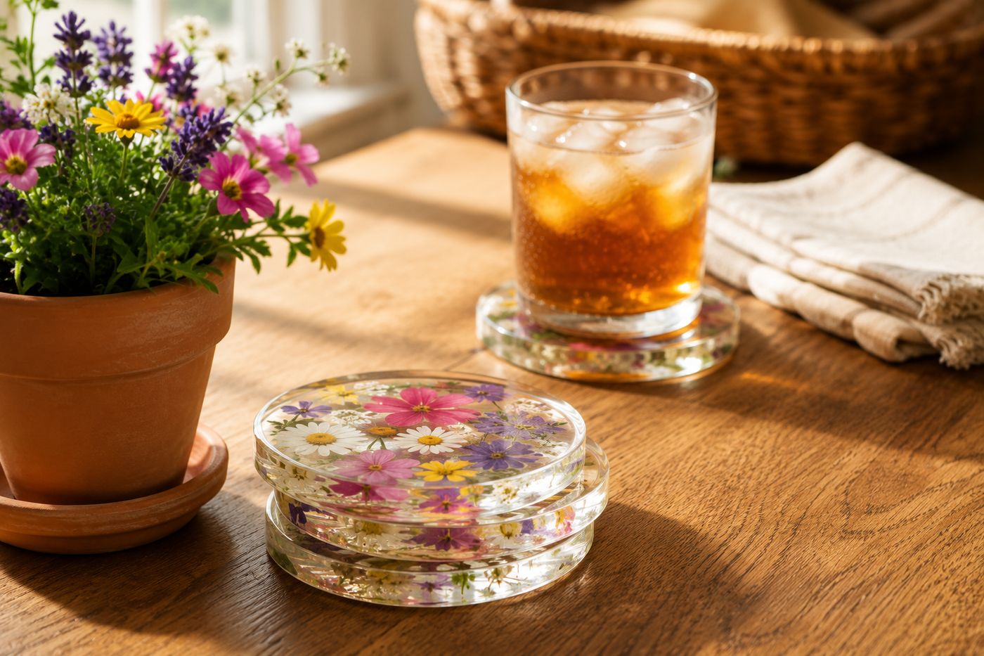 Clear resin coasters with pressed summer flowers suspended inside, styled on a wood table