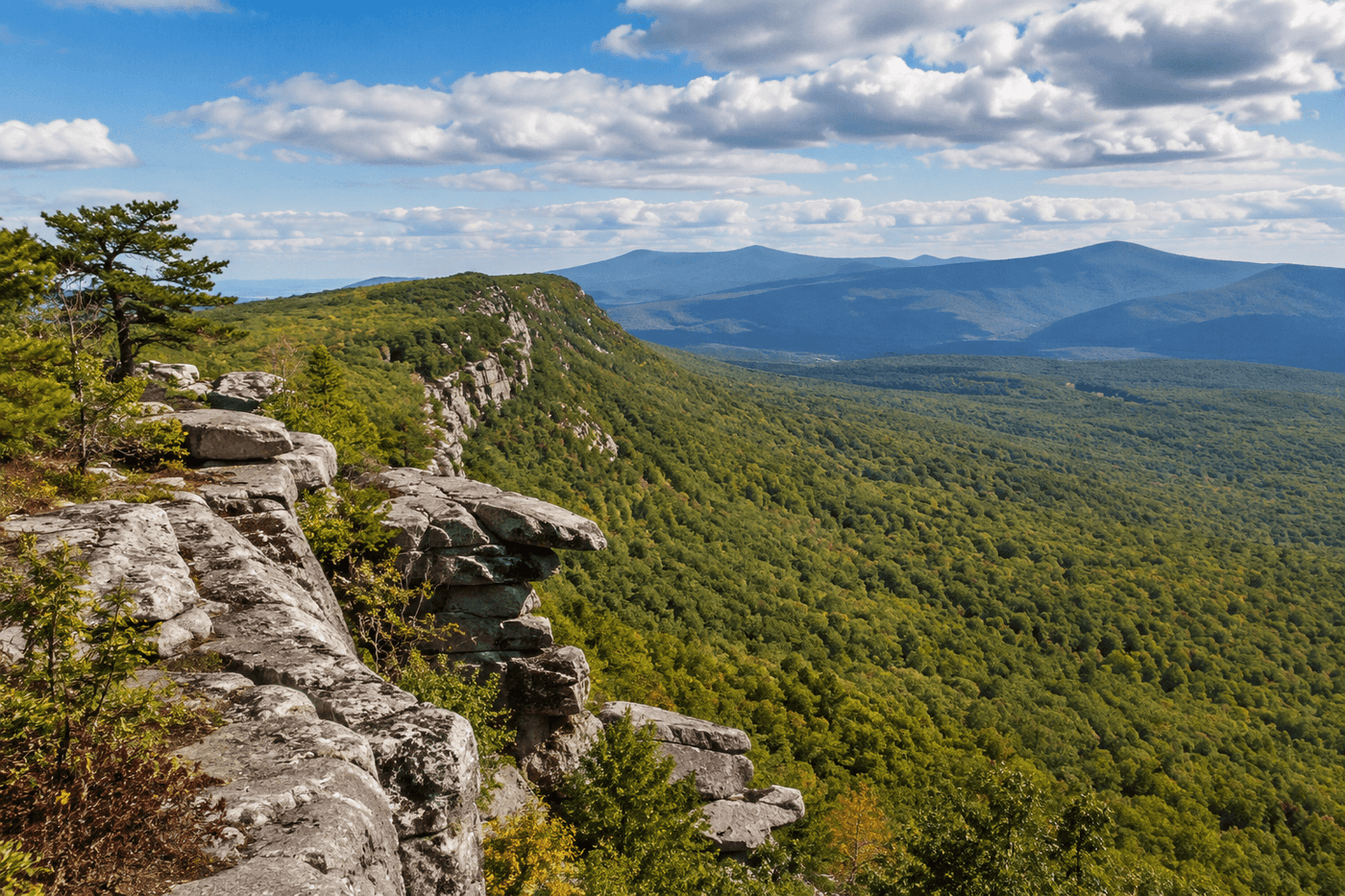 The Shawangunk Ridge near Cragsmoor in Ulster County, New York, with rocky outcroppings, sweeping views of the Catskill Mountains, and dense hardwood forest.