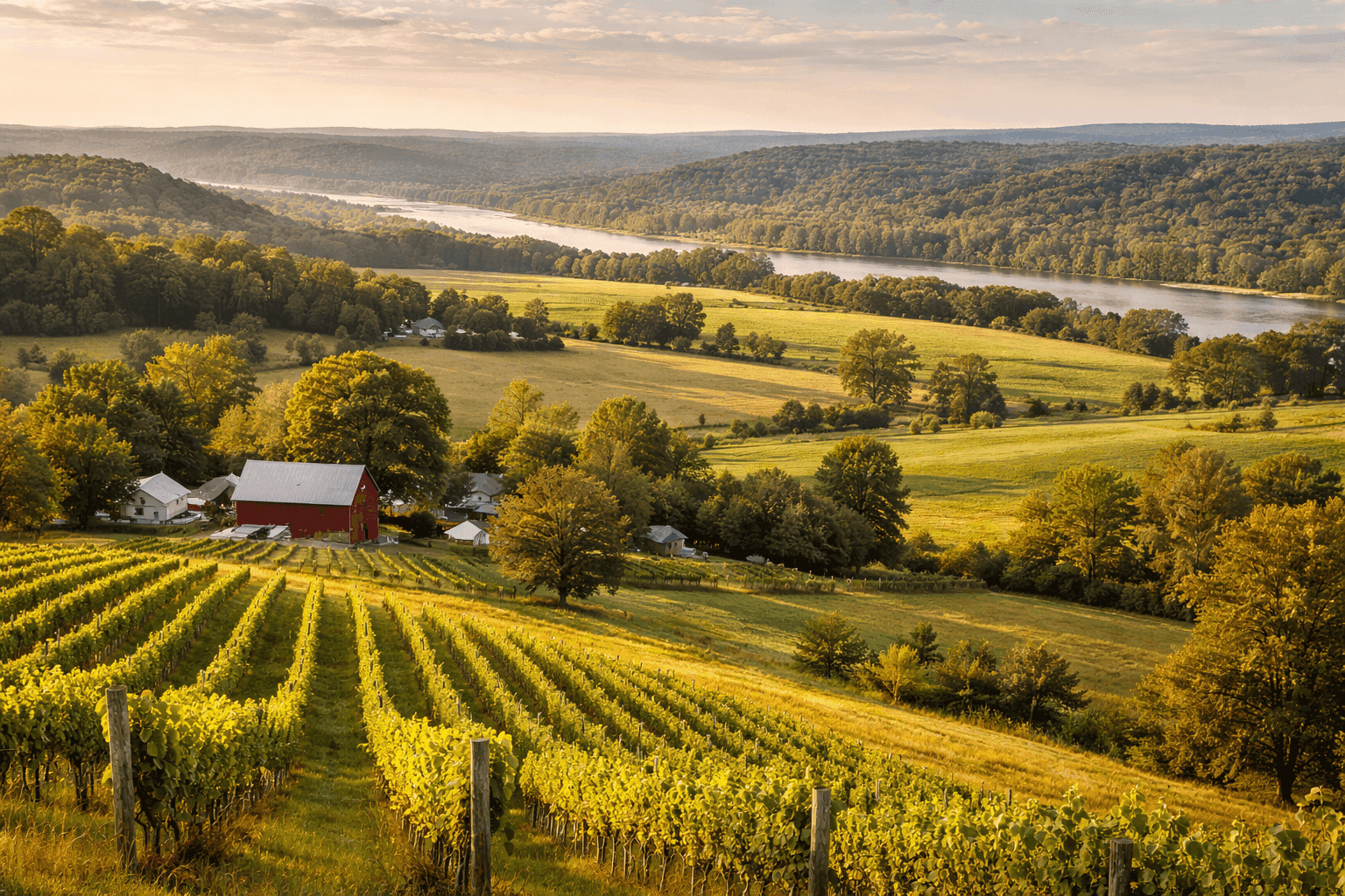 Rolling hills and farmland in Warren County, Missouri, near Marthasville, with scenic views across the Missouri River wine country.