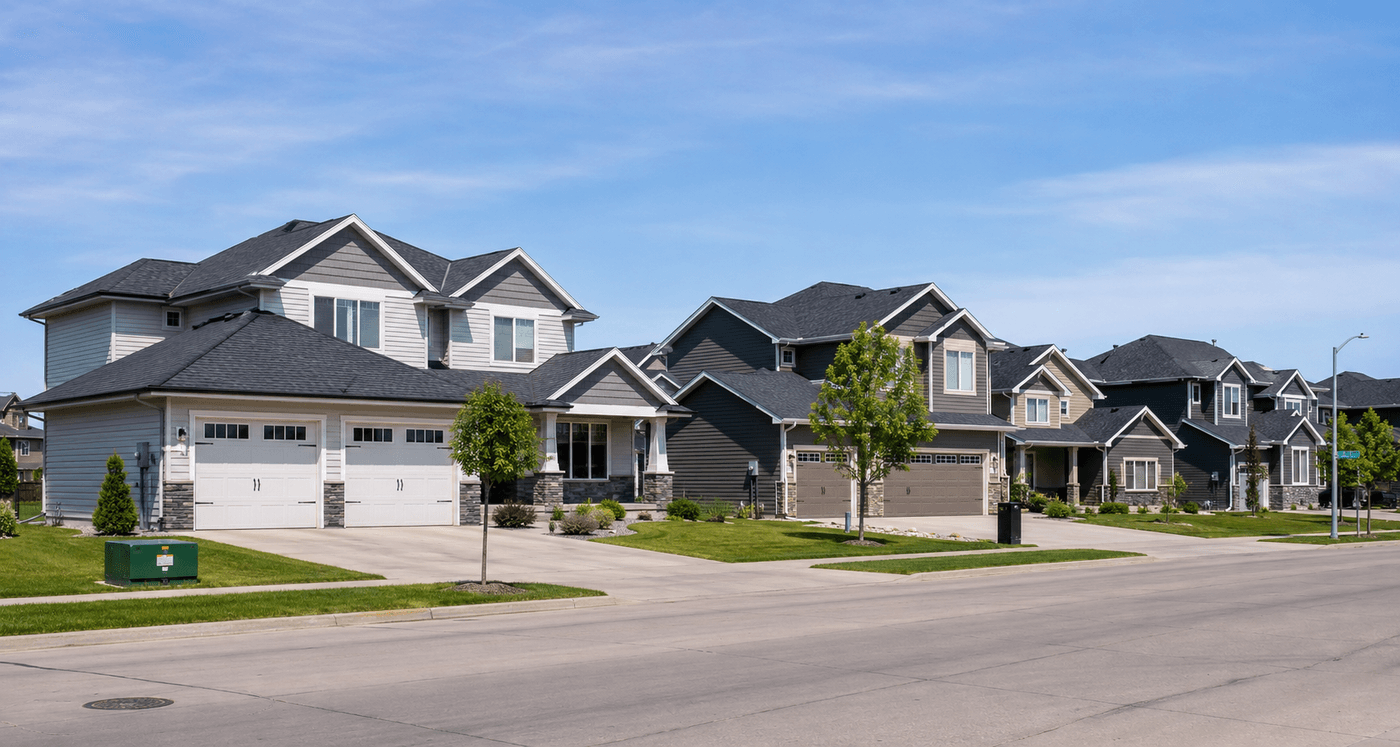 A suburban neighborhood in Fargo, North Dakota with large homes and wide streets