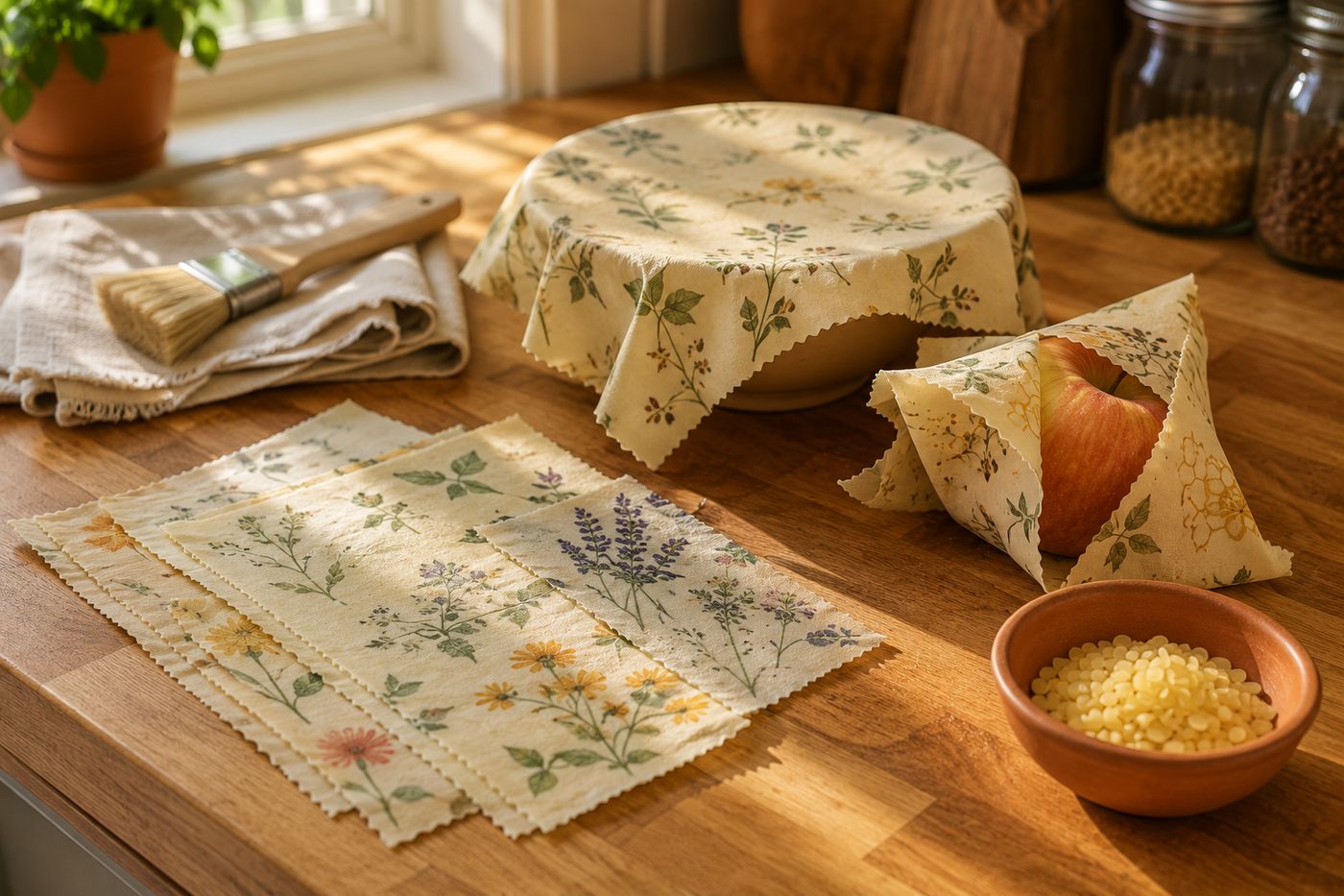 Handmade beeswax food wraps in assorted sizes molded over bowls and folded around food on a kitchen counter