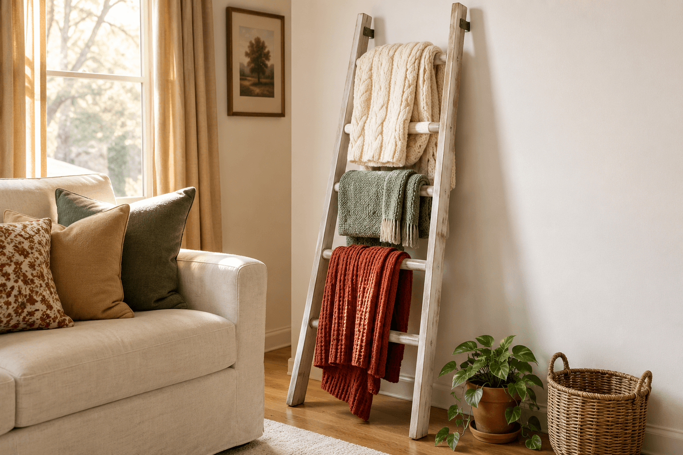 Whitewashed vintage wooden ladder leaning against a living room wall with three folded throw blankets in cream, sage green, and rust draped over the rungs at varying heights, with a small potted plant and wicker basket at the base